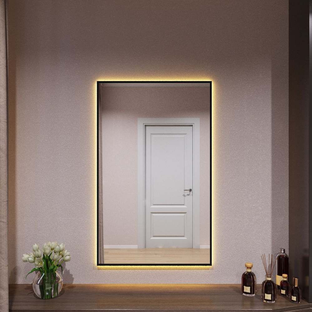 Зеркало с подсветкой в алюминиевой раме настенное Market.House 110х70 см. Свет: Теплый белый 3000К. Черное #1