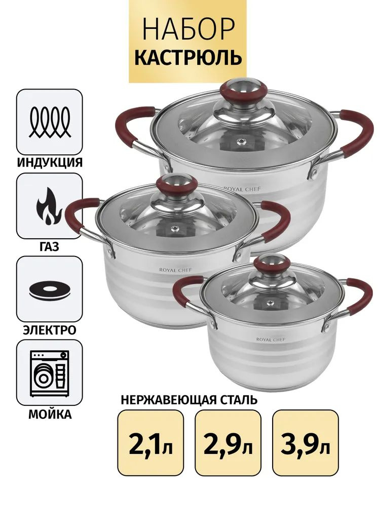 Набор посуды из нержавеющей стали Royal Chef Home Pro Red 6 предметов  #1