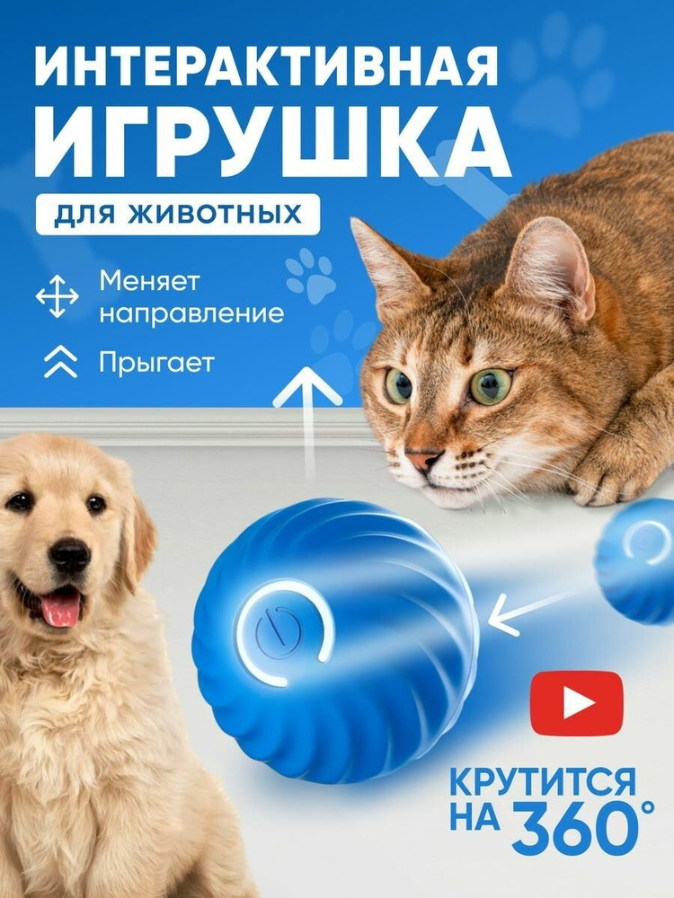 Игрушка для кошек и собак мячик интерактивный синий #1