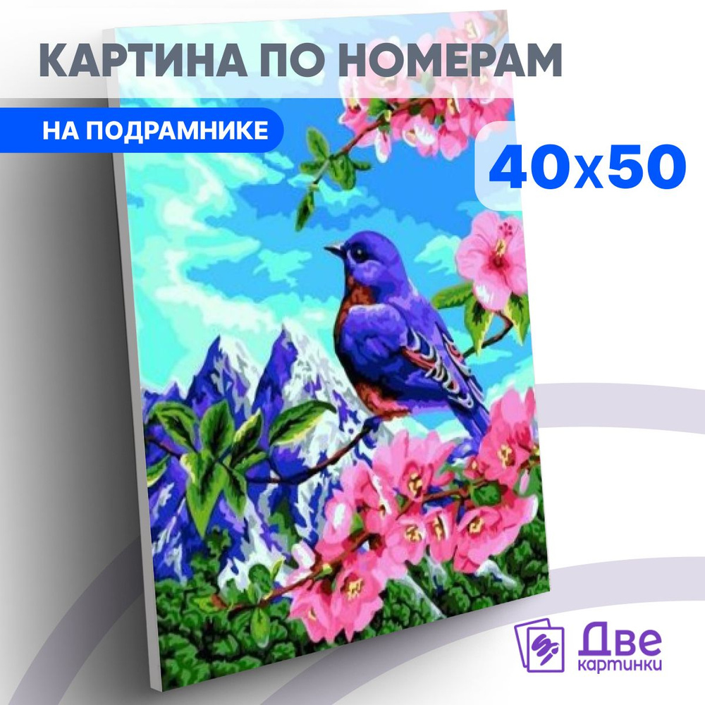 Картина по номерам на холсте 40х50 40 x 50 на подрамнике "Птичка на цветущей сакуре на фоне гор" DVEKARTINKI #1