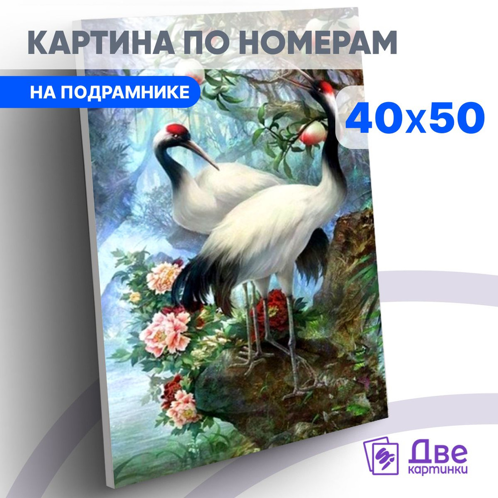 Картина по номерам на холсте 40х50 см на подрамнике "Красноголовые журавли в цветах" DVEKARTINKI  #1