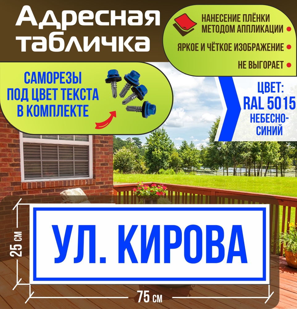 Адресная табличка на дом улица Кирова RAL 5015 синяя #1