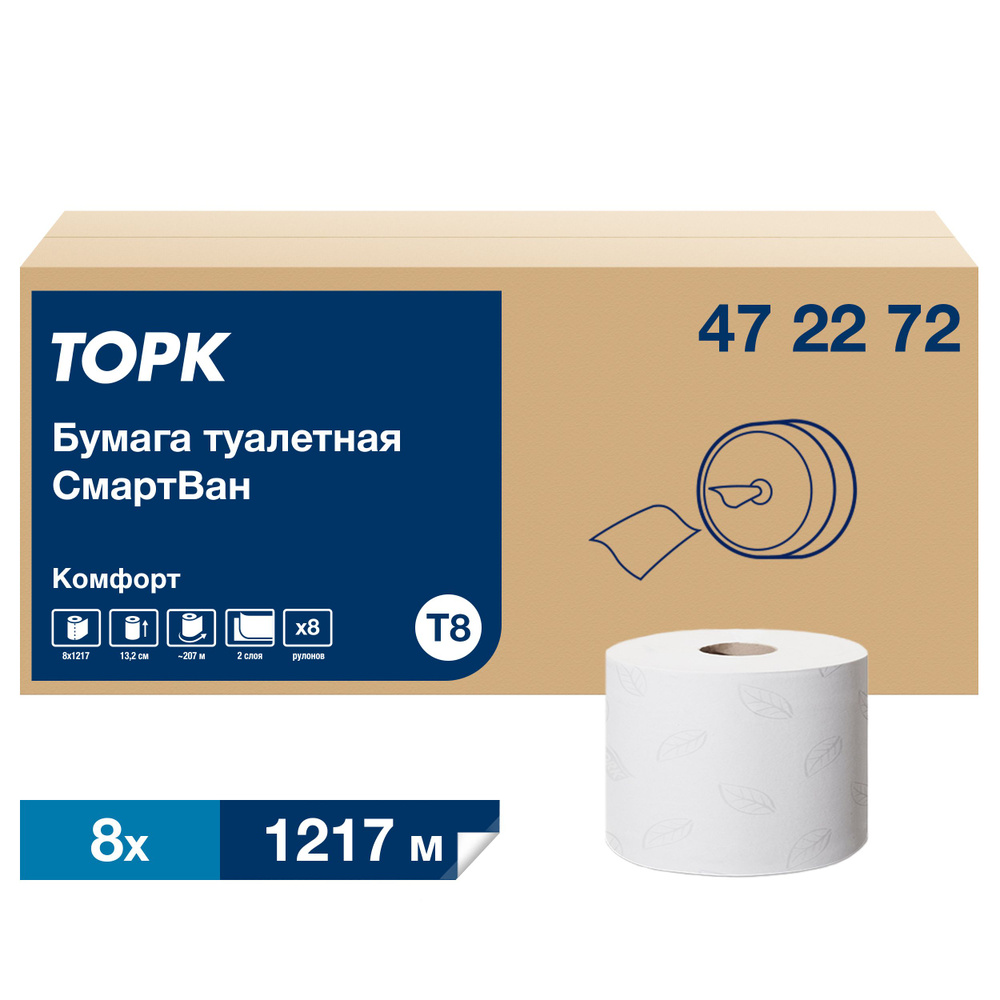 Бумага туалетная в рулонах с центральной вытяжкой Tork SmartOne T8 Advanced 472272, 2-слойная, 8 рулонов #1