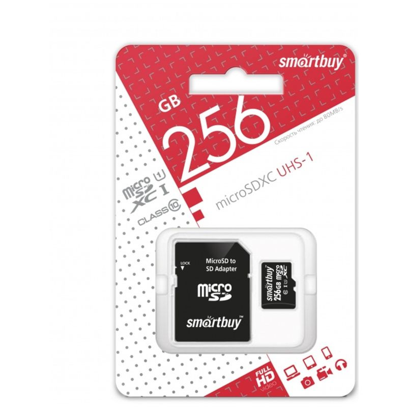 Карта памяти micro SD 256gb SmartBuy SDXC, Class 10, 90 Мб/сек, с адаптером SD (SB256GBSDCL10-01)  #1