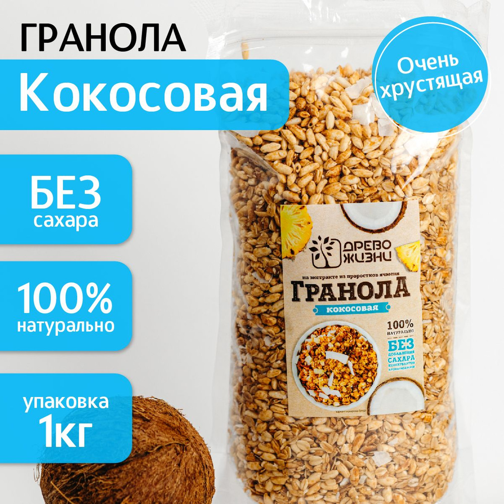 Гранола без сахара, 1000 г, с ананасом и кокосом, Древо жизни  #1