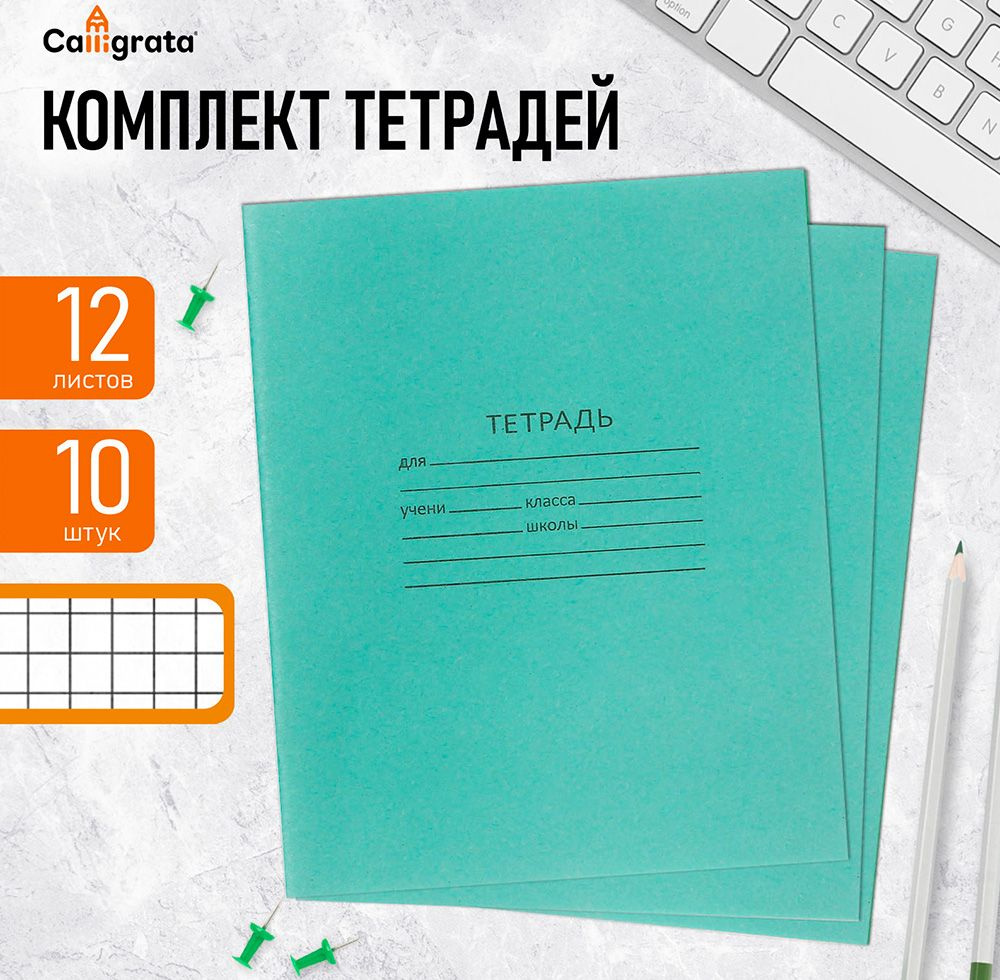 Комплект тетрадей из 10 штук, 12 листов в клетку КПК "Зелёная обложка", блок №2, белизна 75% (серые листы) #1