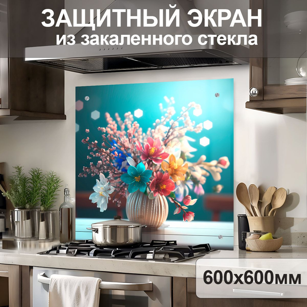 Защитный экран от брызг на плиту 600х600х4мм. Стеновая панель для кухни из закаленного стекла. Фартук #1