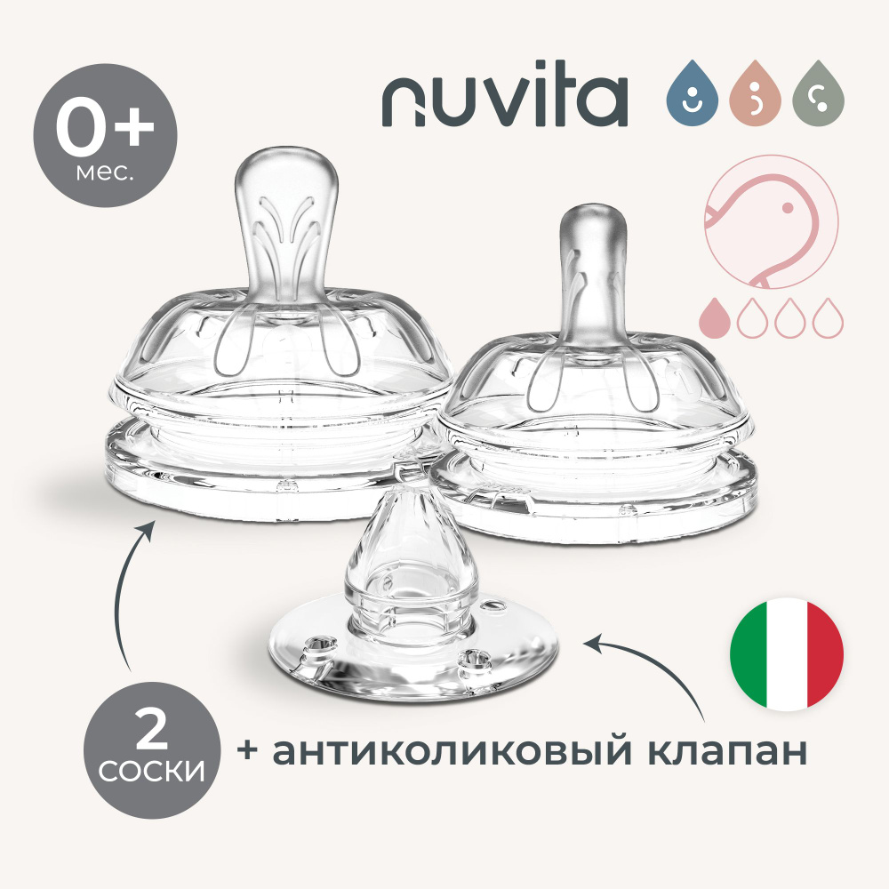 Набор Nuvita Teats Flow 1: силиконовая соска для бутылочек, медленный поток (2 шт.) и антиколиковый клапан #1