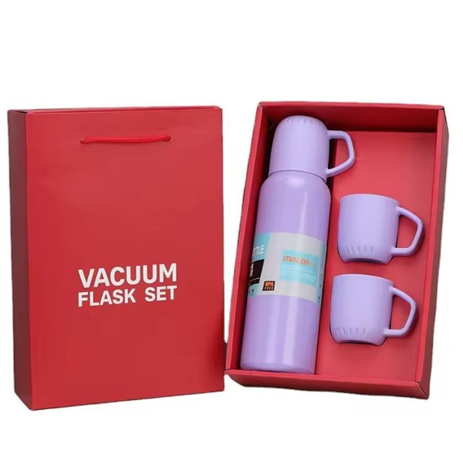 Термос из нержавеющей стали с 3 кружками Vacuum Flask Set в подарочной упаковке фиолетовый  #1