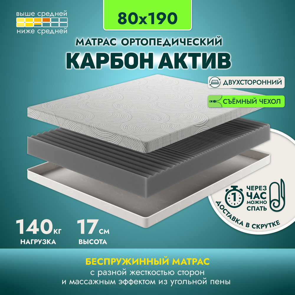 Матрас 80х190 ортопедический беспружинный Карбон Актив для кровати, в рулоне скрученный, в скрутке, матрац #1