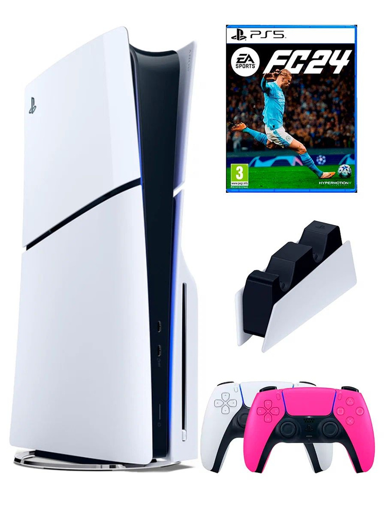 PS5 (ПС5) Игровая приставка Sony PlayStation 5 Slim +2-й геймпад(розовый)+зарядное+игра FIFA24, 1000ГБ #1