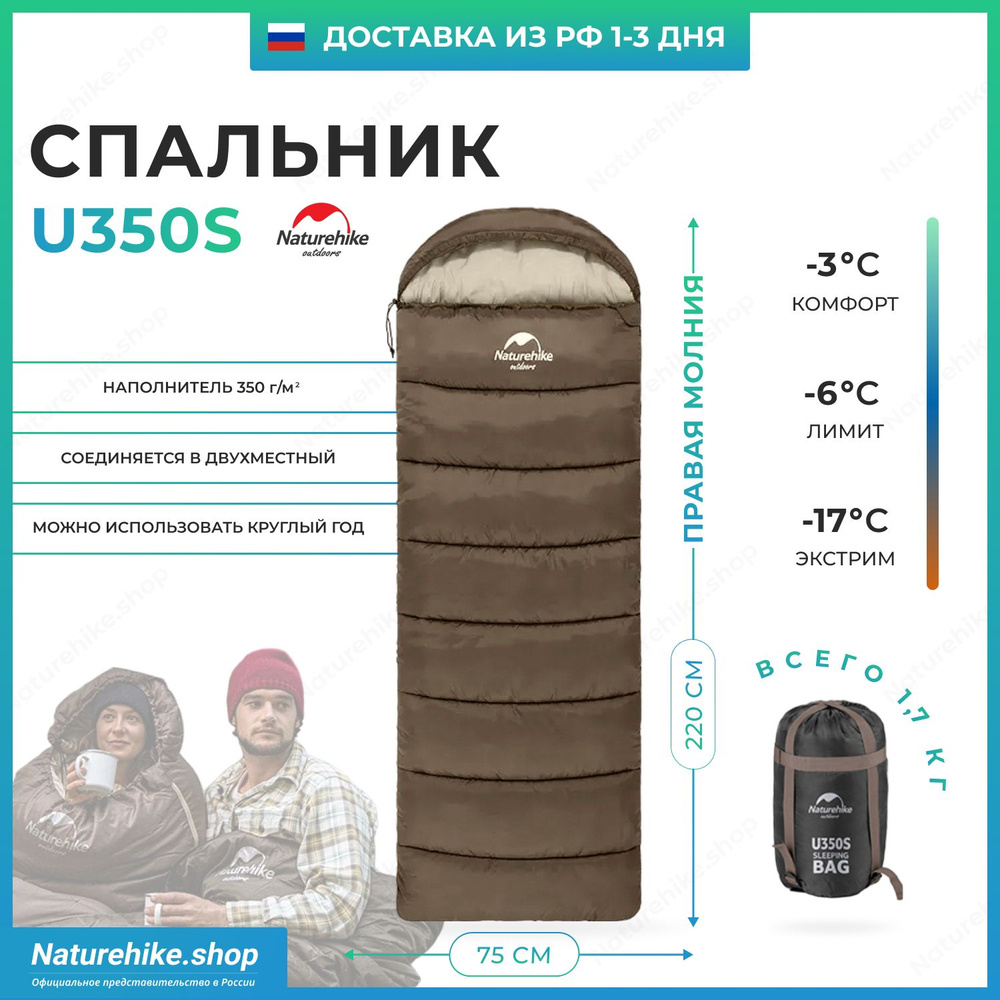 Спальный мешок Naturehike u350s / до -17C, вес 1.7 кг, коричневый, молния справа / превращается в двухместный #1