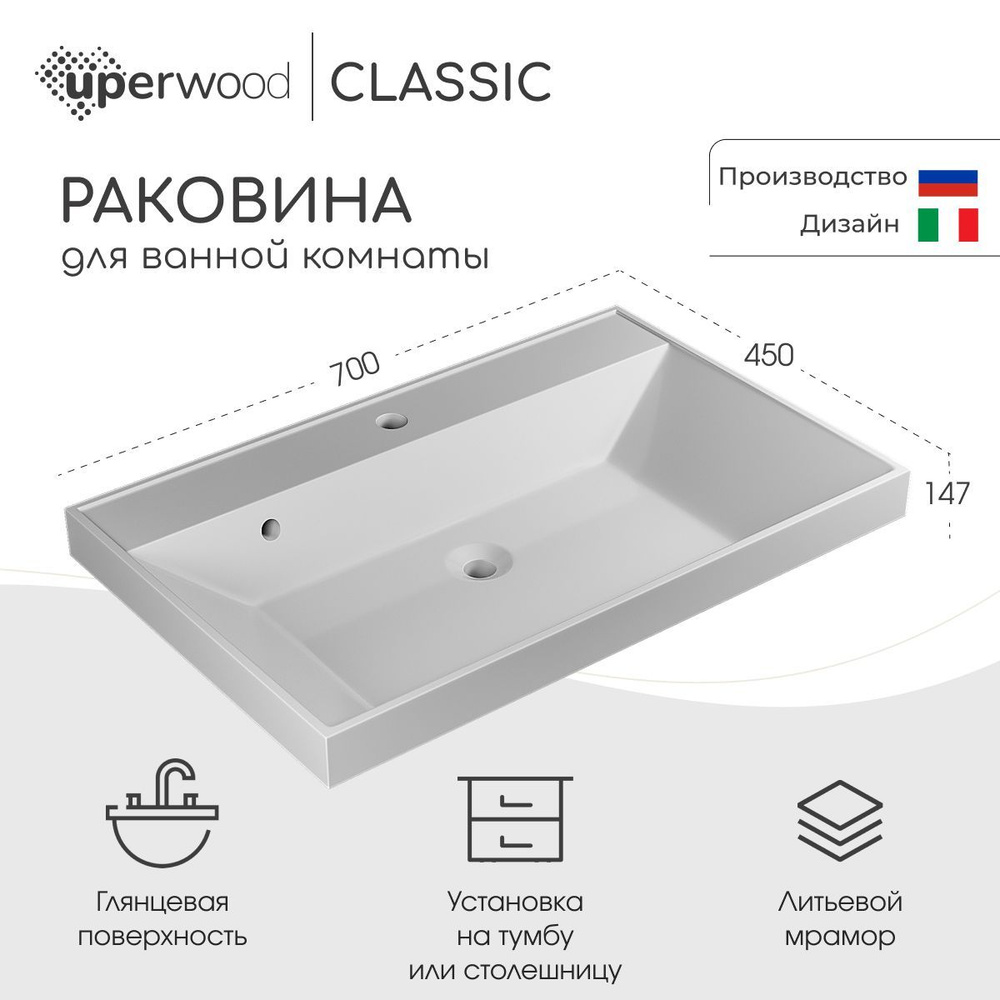 Раковина для ванной Uperwood Classic 70х45х14,5 см, белая глянцевая  #1