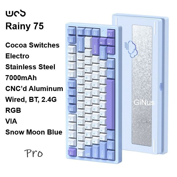 WOB Игровая клавиатура беспроводная Rainy75 Pro, SnowMoonBlue, RGB, CocoaSwitches, Electro, Английская #1