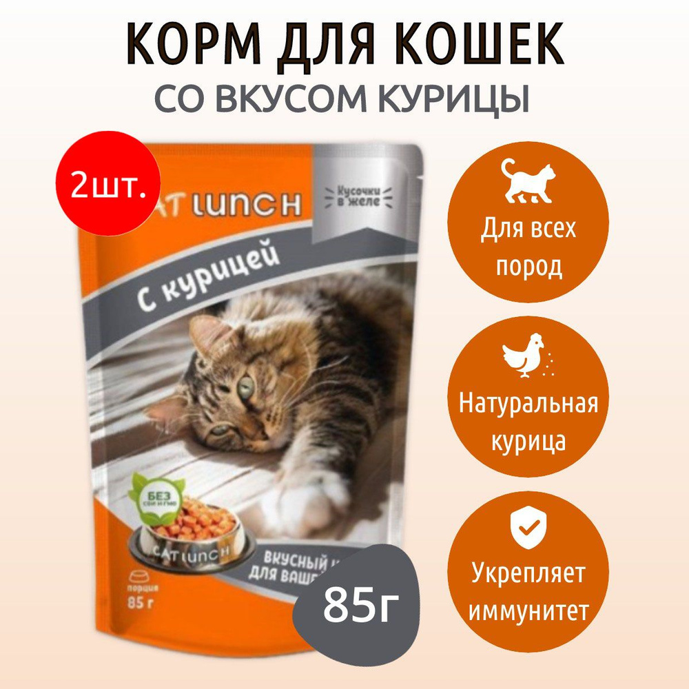 Влажный корм CAT LUNCH 170 г (2 упаковки по 85 грамм) для кошек Курица кусочки в желе, в паучах  #1