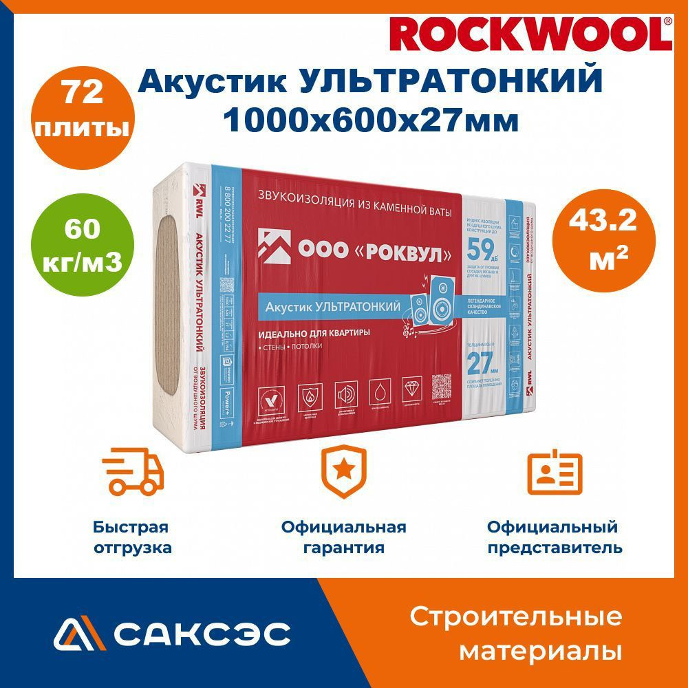 Звукоизоляция для стен из каменной ваты ROCKWOOL Акустик Ультратонкий, 1000 х 600 х 27 мм, 72 плиты, #1