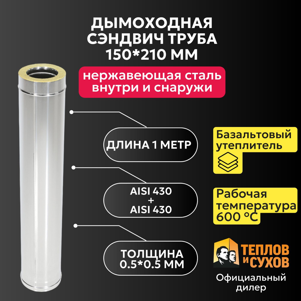 Сэндвич труба для дымохода 150x210 мм AISI 430 (0,5 мм)/AISI 430 (0,5 мм) утепленная нержавейка 1 метр, #1