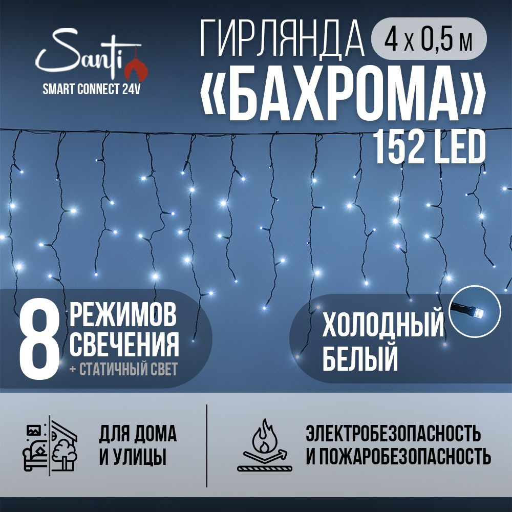 Гирлянда Бахрома Smart connect 24V 152LED 4х0,5 м, холодный белый, IP44 ПВХ, черный провод, 8 функций #1