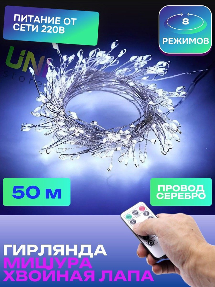 Новогодняя гирлянда Роса МИШУРА С ПУЛЬТОМ 50 м ПРОВОД СЕРЕБРО (хвойная лапа) светодиодная, питание от #1