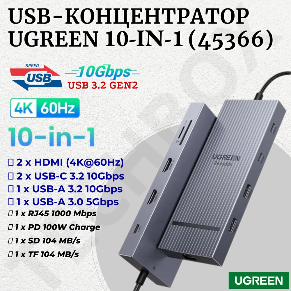 USB-Концентратор UGREEN Revodok 10-in1 (45366), Dual HDMI 4К, RJ45 USB 3.2 PD 100W, USB-C Hub  #1