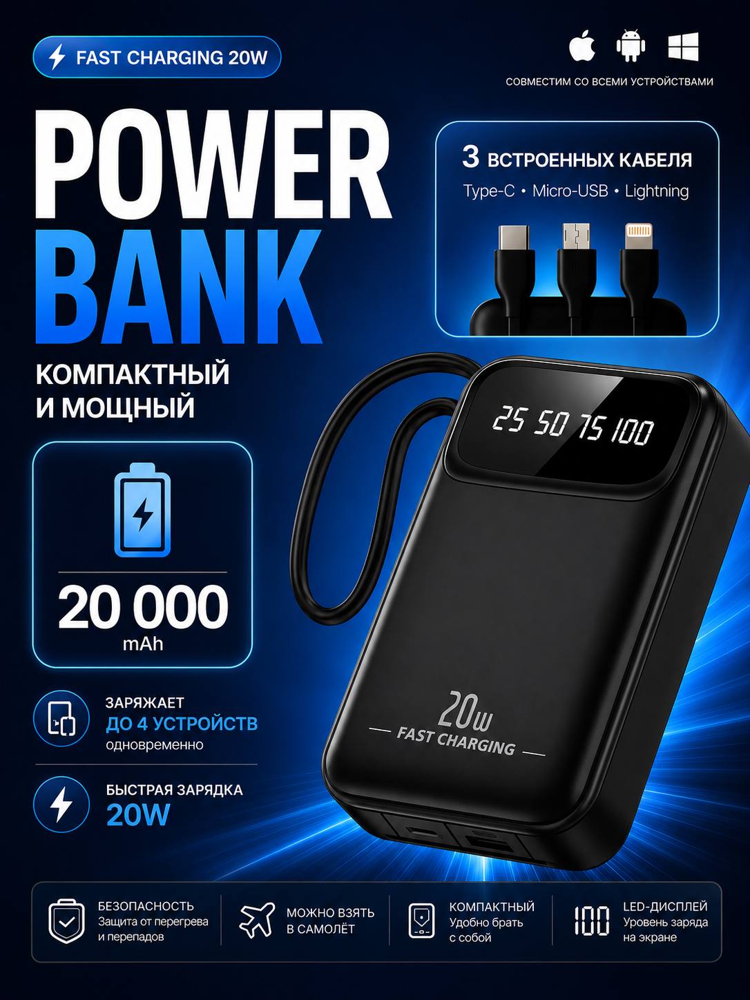 ButStoreВнешнийаккумуляторПовербанк,20000мАч,10Вт,черный