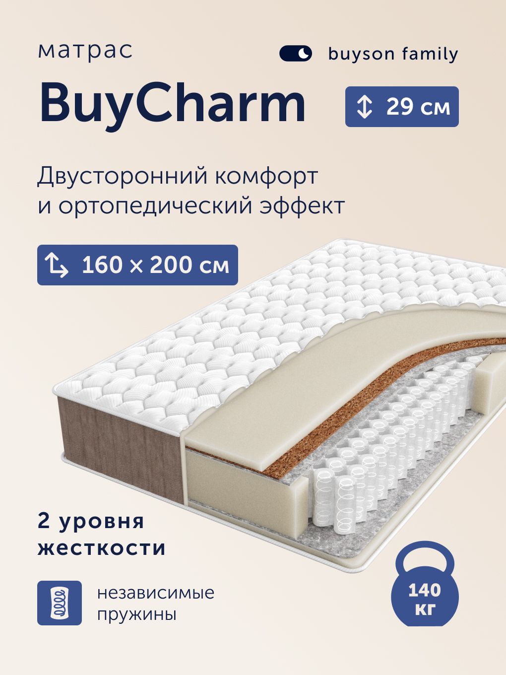 ОртопедическийдвустороннийматрасbuysonfamilyBuyCharm,независимыепружины,160х200см