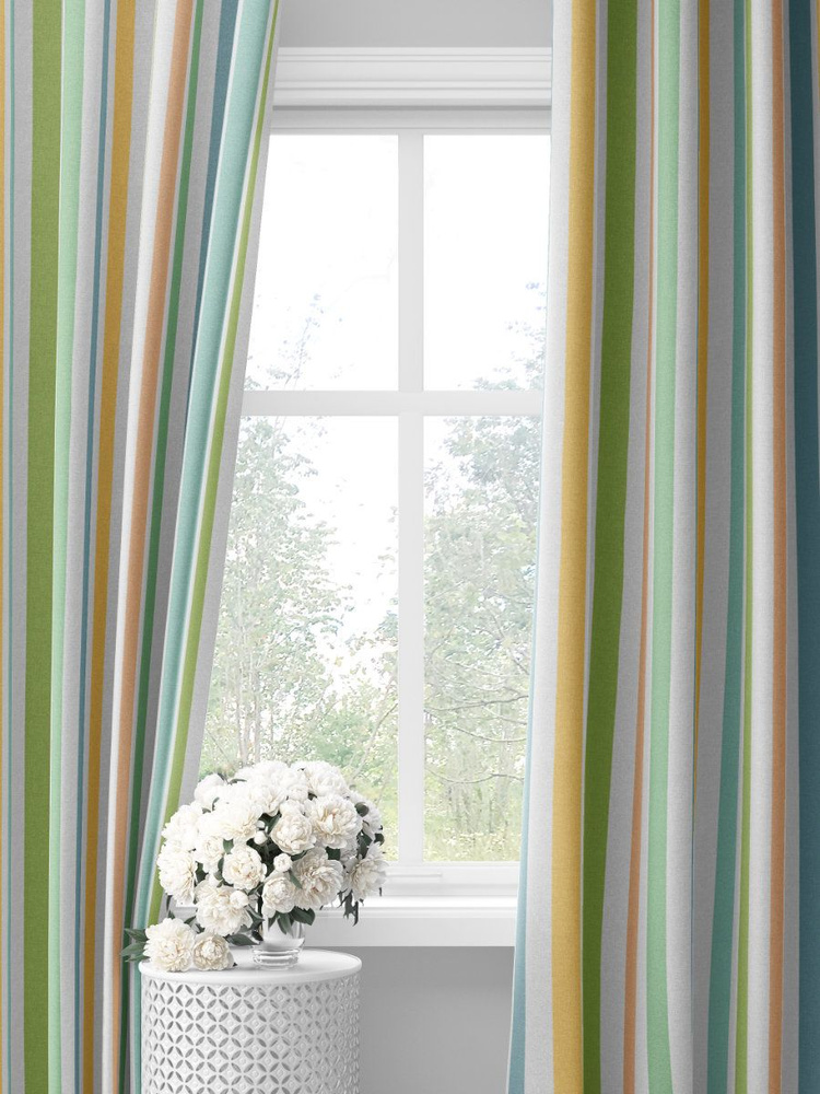 Комплект штор с зелеными и голубыми полосками на белом фоне decoracion 33010503 (145х275х2шт)  #1