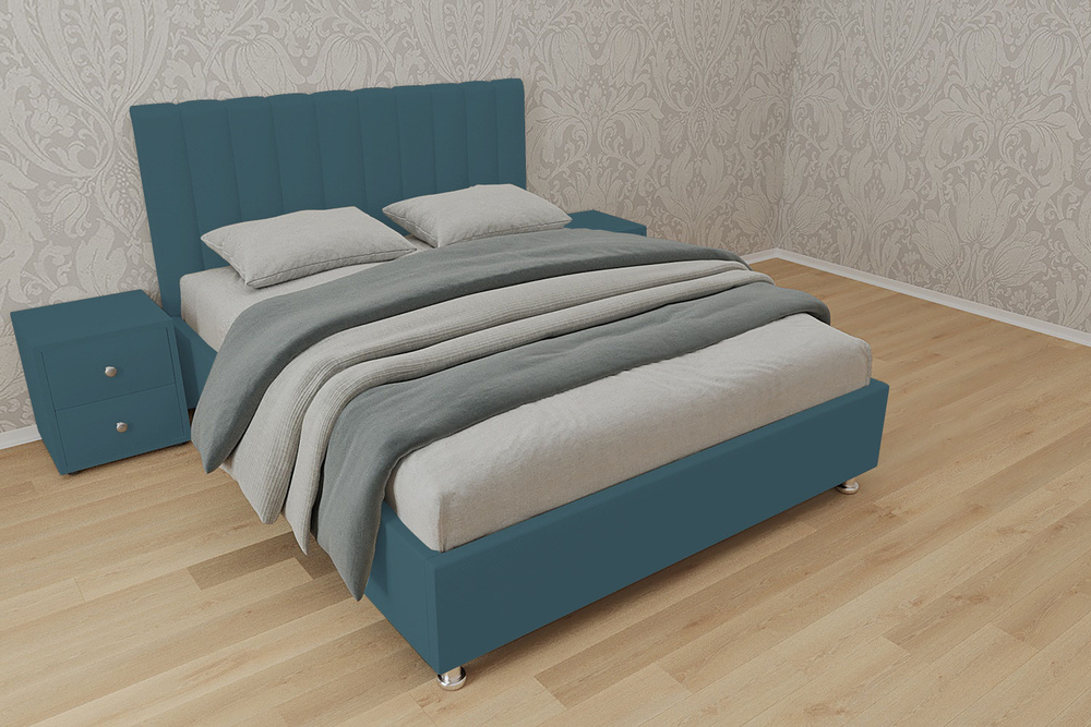 Двуспальная кровать Челси с матрасом 180x200 основание металлическое с ламелями велюр бирюзовый ножки #1