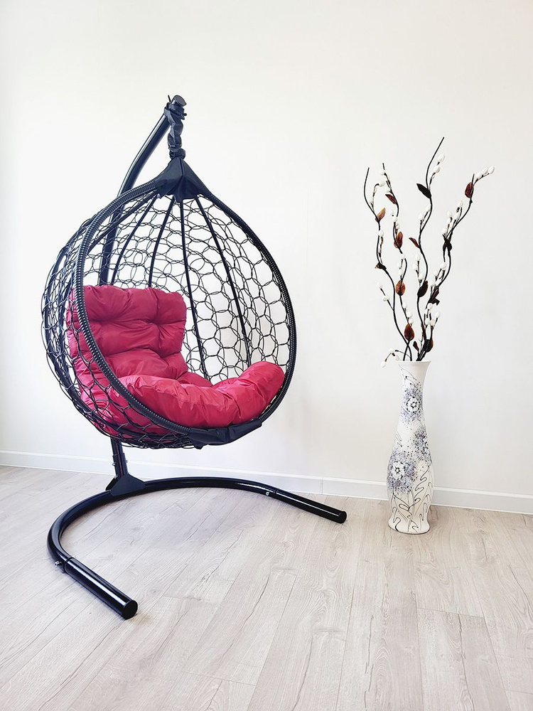Подвесное кресло для дома и сада 100х106х175 см, Like Ажур. Кресло черное, подушка трапеция вишневая. #1