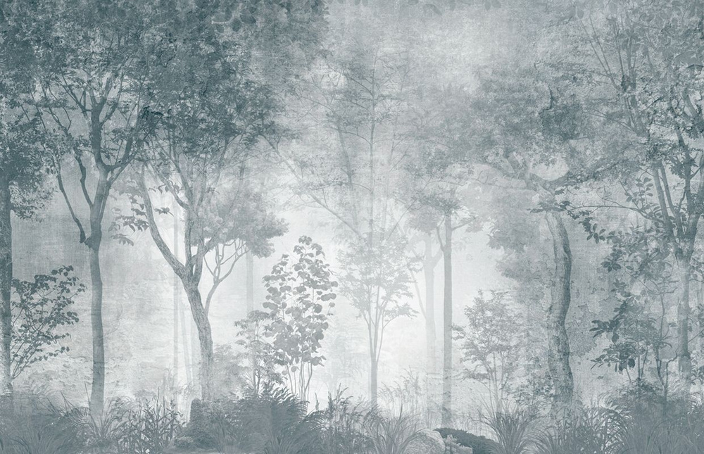 Фотообои GrandPik 10319 Лофт "Лес, деревья в тумане, винтаж, синий" (ШхВ), 420х270 см  #1