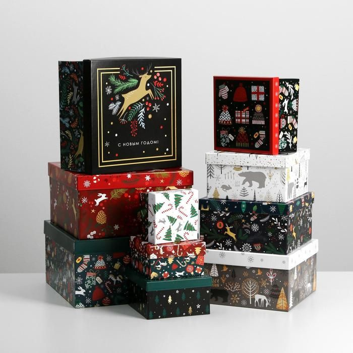 Набор подарочных коробок Дарите Счастье "Новогодний", 10 в 1, 10х10х6 - 28х28х15 см  #1