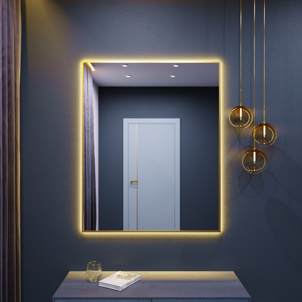 Зеркало с подсветкой в алюминиевой раме настенное ONE MARKET 110х90 см. Свет: Теплый белый 3000К. Золото #1