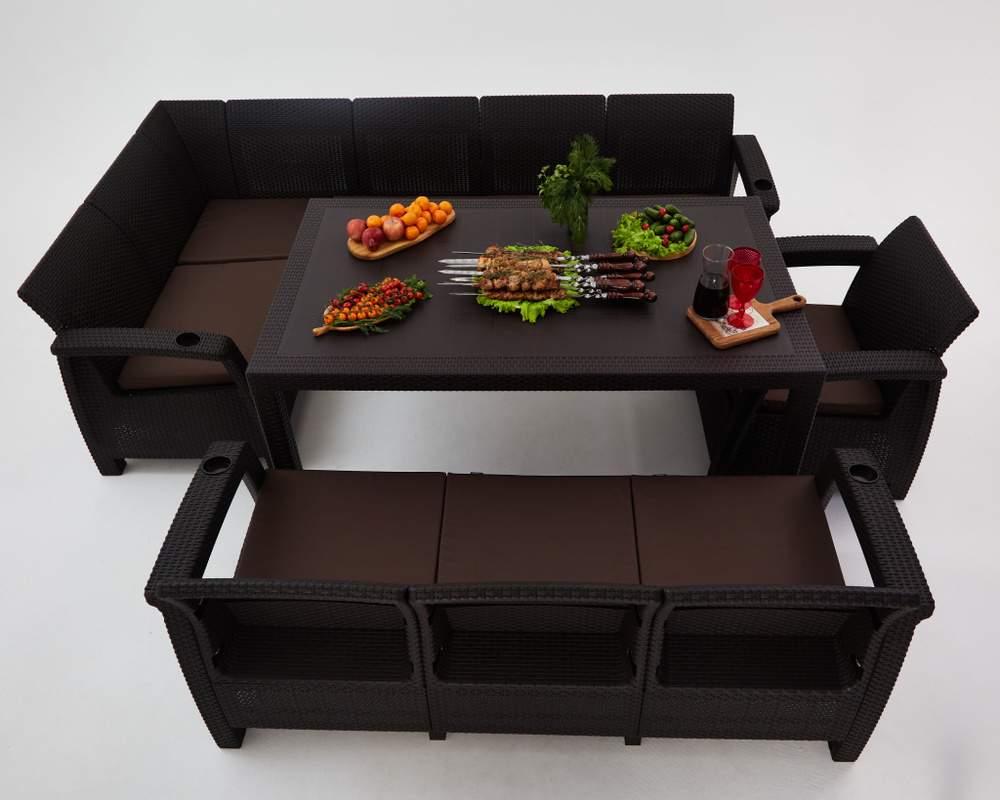 Комплект садовой мебели из ротанга HomlyGreen 5+3+1+обеденный стол 160х95, с комплектом коричневых подушек #1
