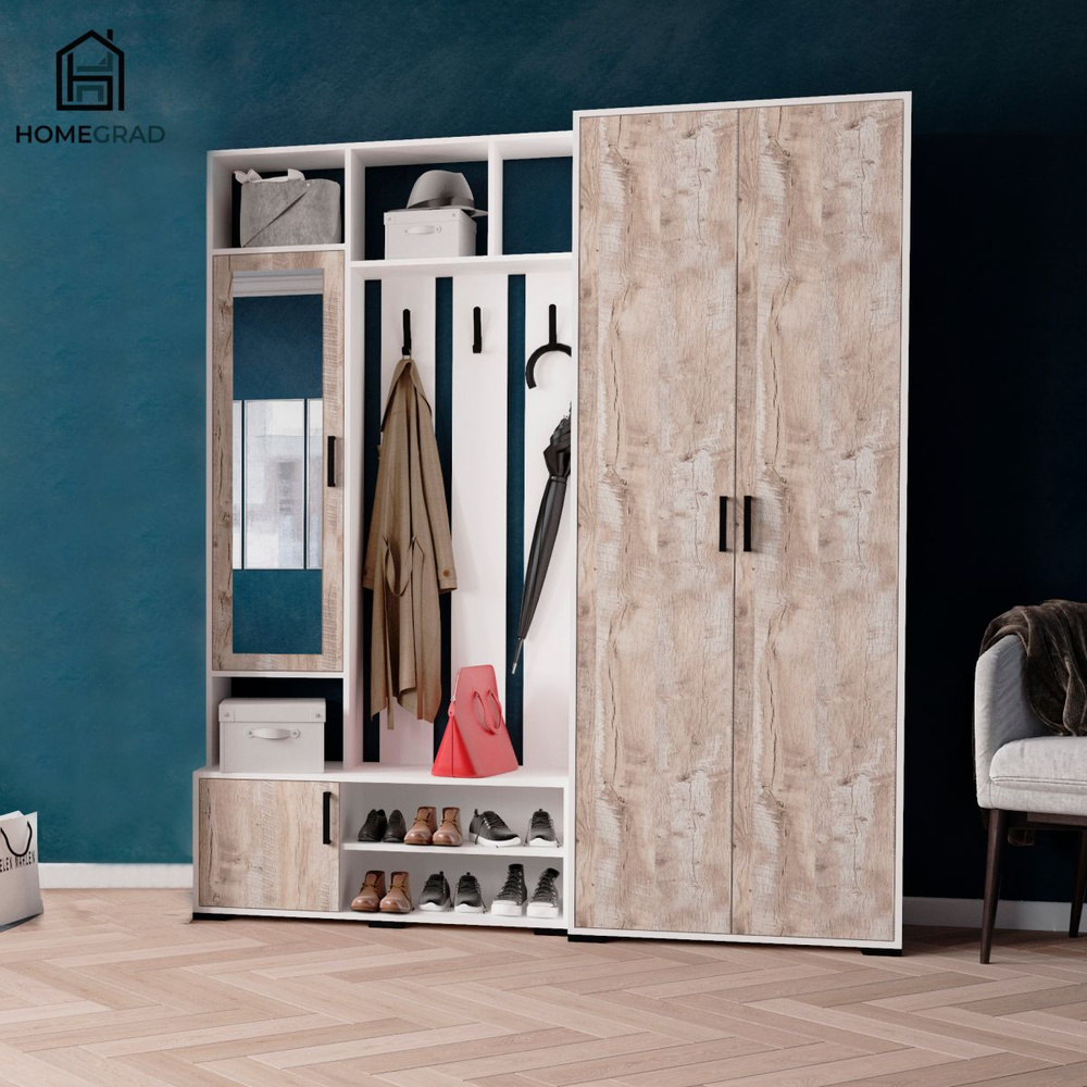 Комплект прихожей с зеркалом HomeGrad Briz: центральная секция и шкаф для одежды, Белый / дуб юкон  #1