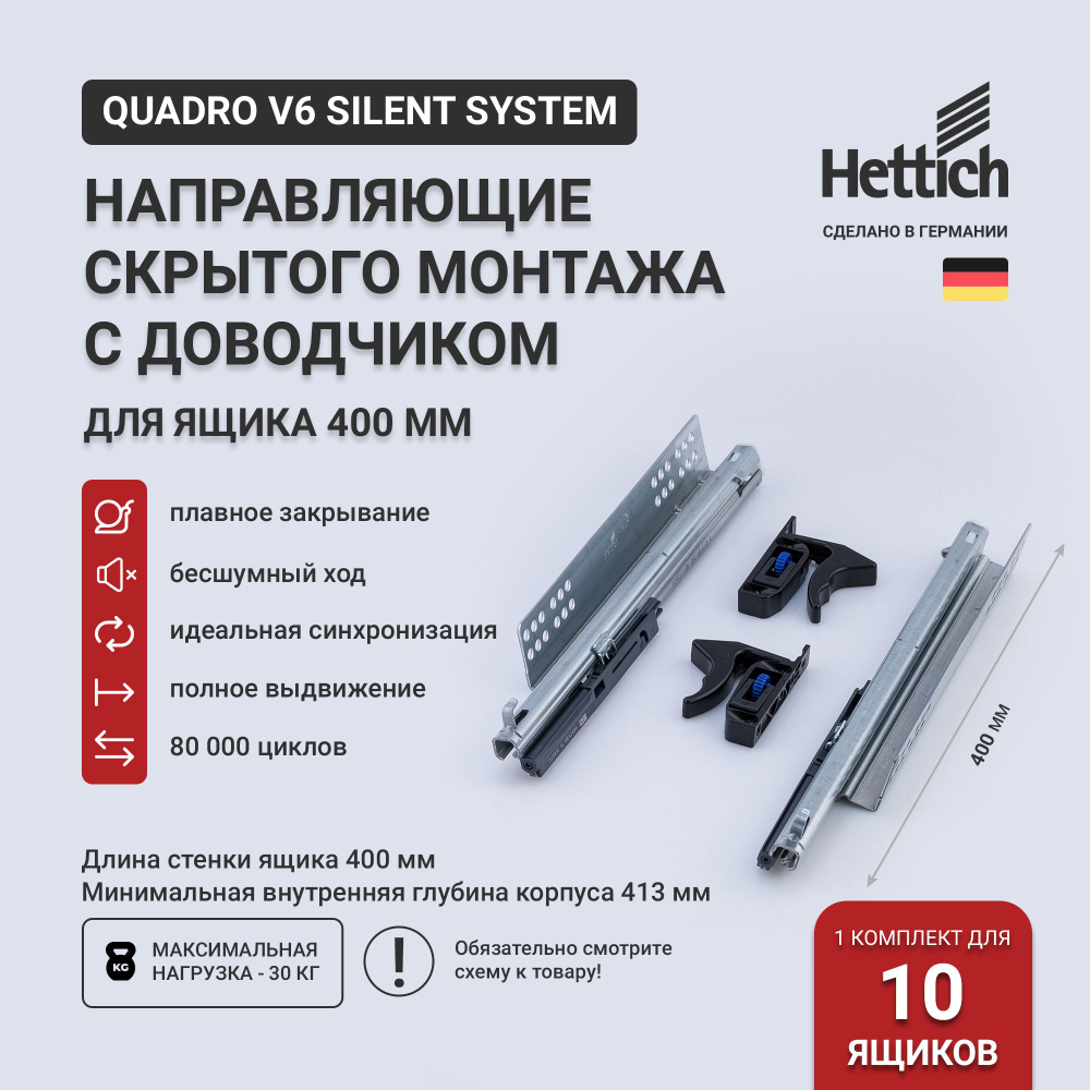 Направляющие для ящиков скрытого монтажа Hettich Quadro V6 Silent System с доводчиком, длина 400 мм, #1