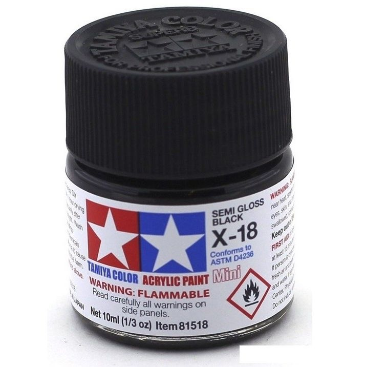 Краска акриловая X-18 Semi-Gloss Black, acrylic paint mini 10 ml. (Чёрный полуматовый) Tamiya 81518  #1