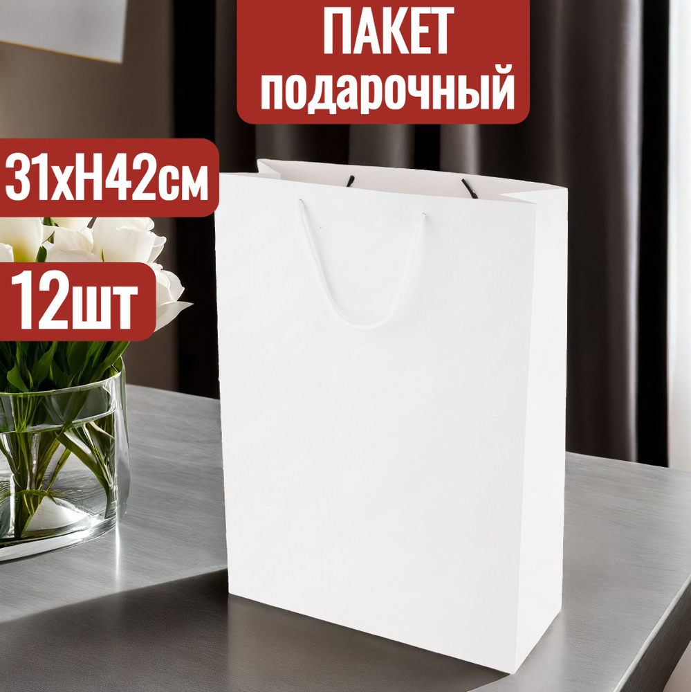 Пакет подарочный, 31x12xH42 см, набор 12 шт, однотонные, большой с ручками  #1