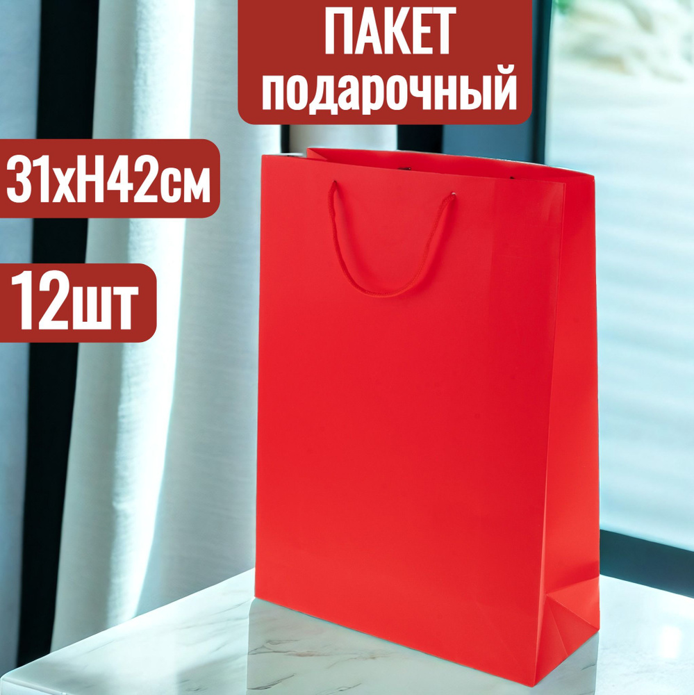 Пакет подарочный, 31x12xH42 см, набор 12 шт, однотонные, большой с ручками  #1