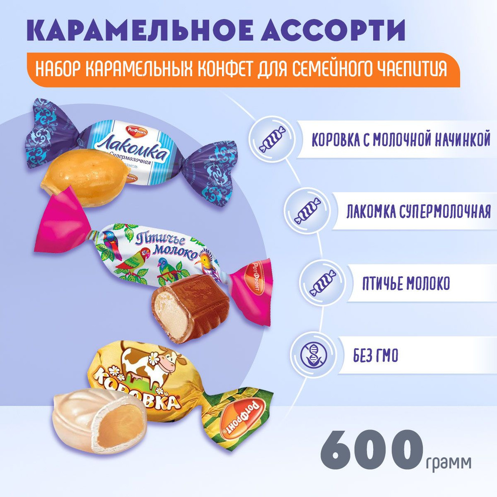 Карамель Микс Коровка с молочной начинкой + Птичье молоко + Лакомка супермолочная 600 грамм Рот Фронт #1