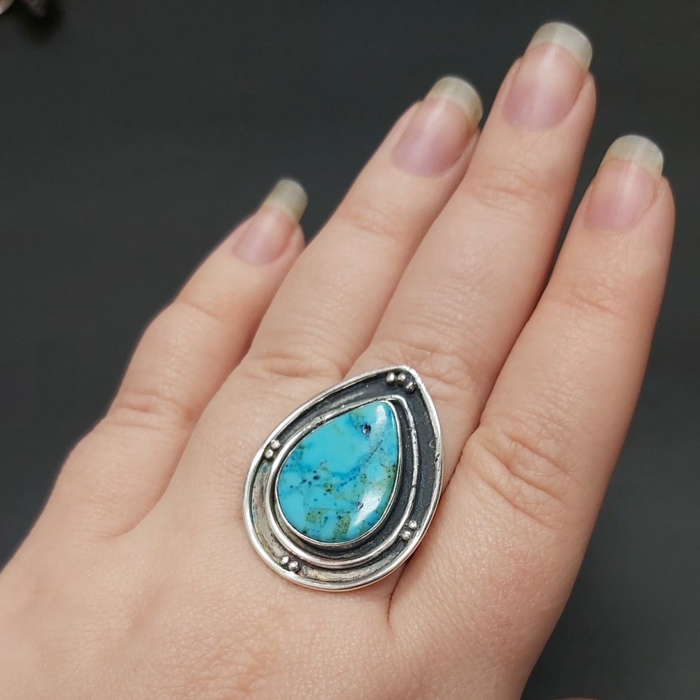 Кольцо с бирюзой 19 размер (латунь с серебряным покрытием, кольцо с натуральным крупным камнем)  #1