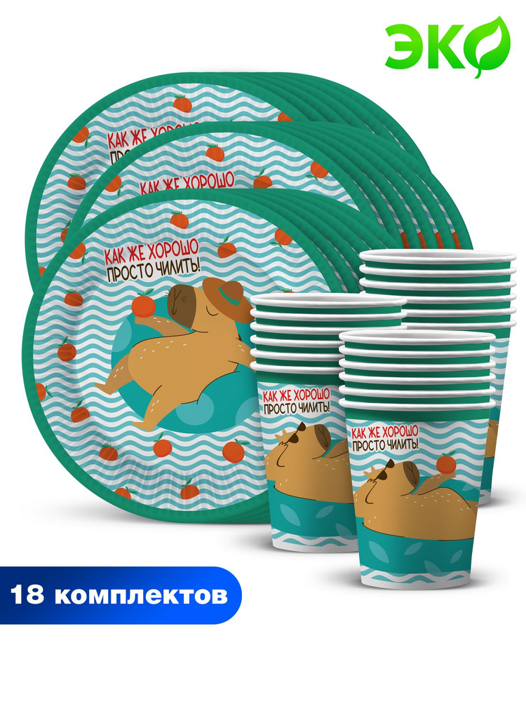 Набор одноразовой бумажной посуды для праздника ND Play / Капибара на чиле (тарелка 18 см, стакан, по #1