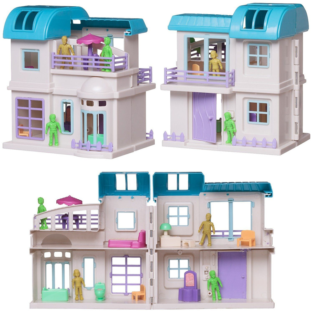 Дом кукольный Junfa Вилла складная бело-голубая с фигурками и игровыми предметами  #1