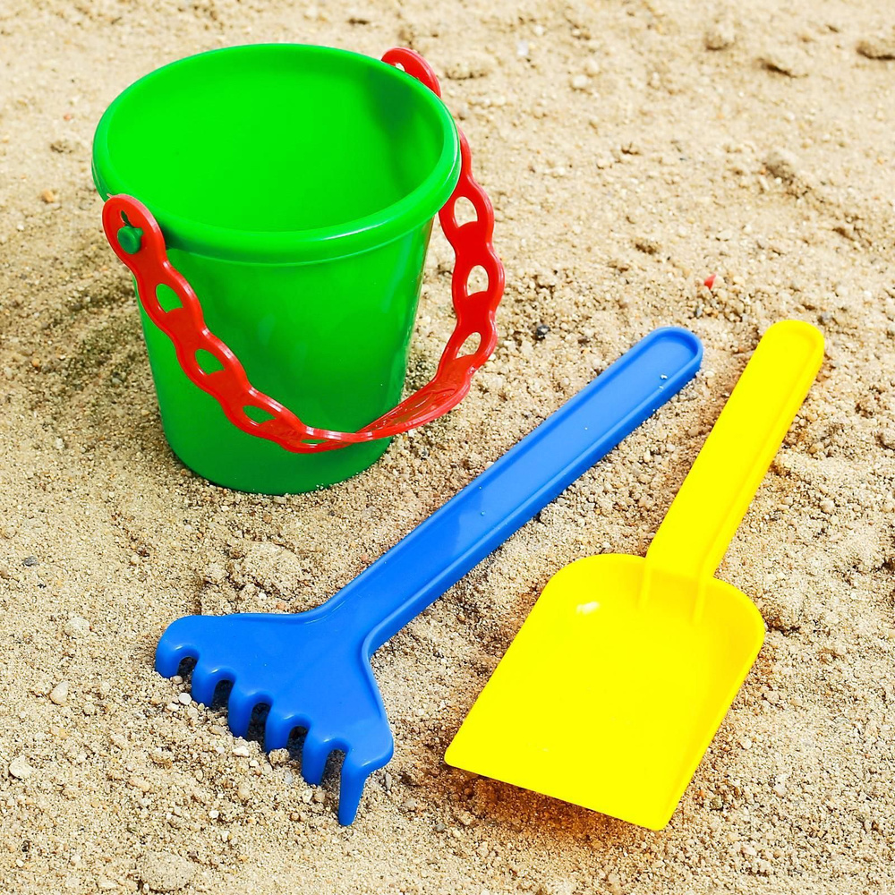 Набор для песка и снега детский: ведёрко, лопатка, грабельки; разноцветный  #1