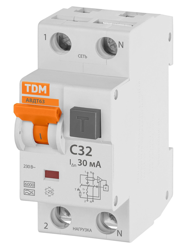 Дифференциальный автоматический выключатель 2Р(1Р+N), C32, 30мА, 6кА, тип А, TDM ELECTRIC  #1