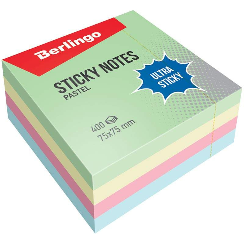 (3 шт.) - Самоклеящийся блок Berlingo "Ultra Sticky", 75*75мм, 400л., 4 пастельных цвета (арт. 270288) #1