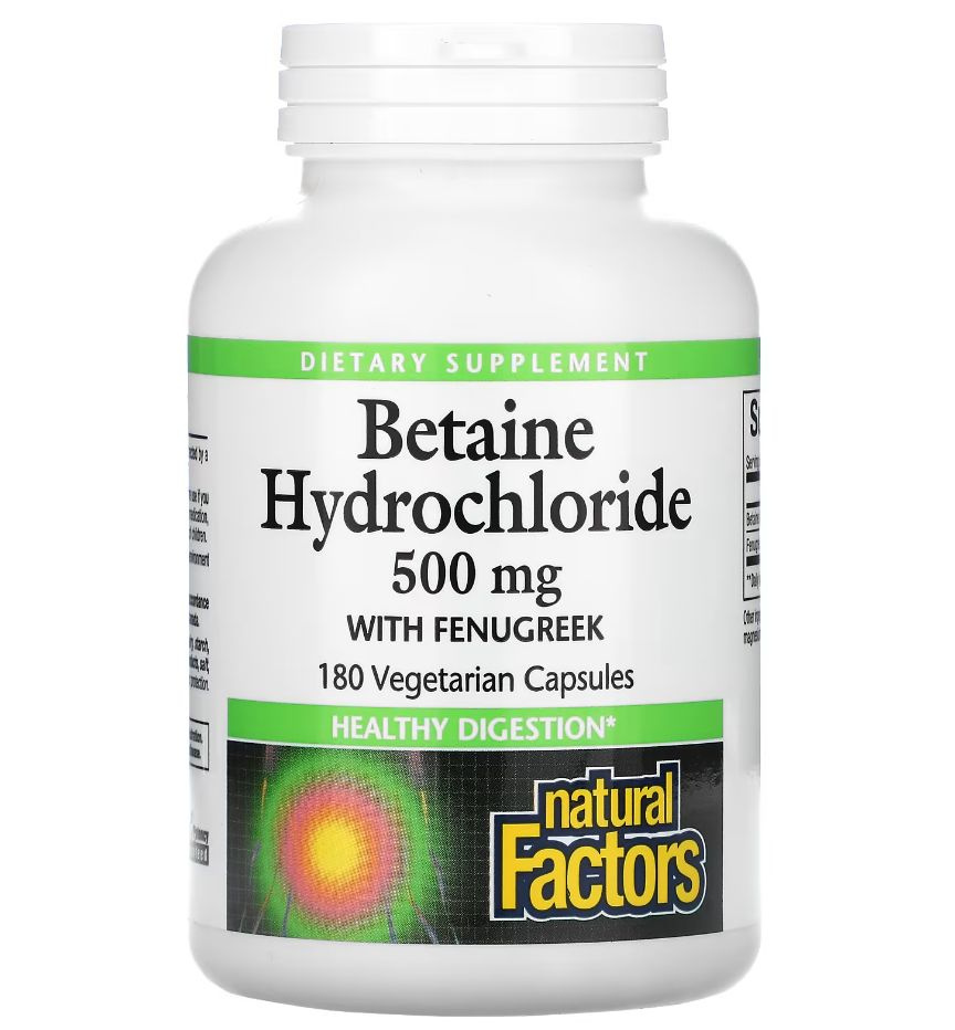 Betaine Hydrochloride (HCl) with Fenugreek 500 mg (Бетаин) 180 вег капс (Natural Factors)  #1