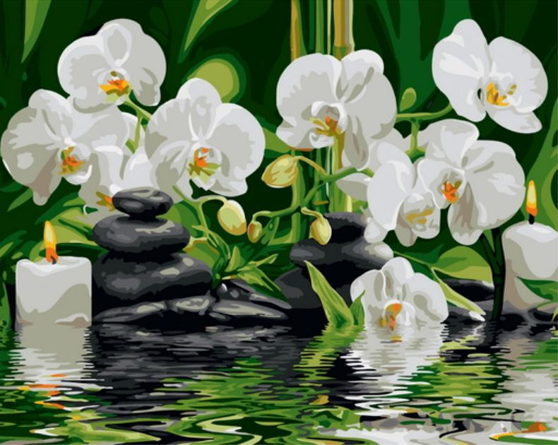 Картина по номерам на холсте 40х50 40 x 50 на подрамнике DVEKARTINKI Свечи, камни, орхидеи  #1