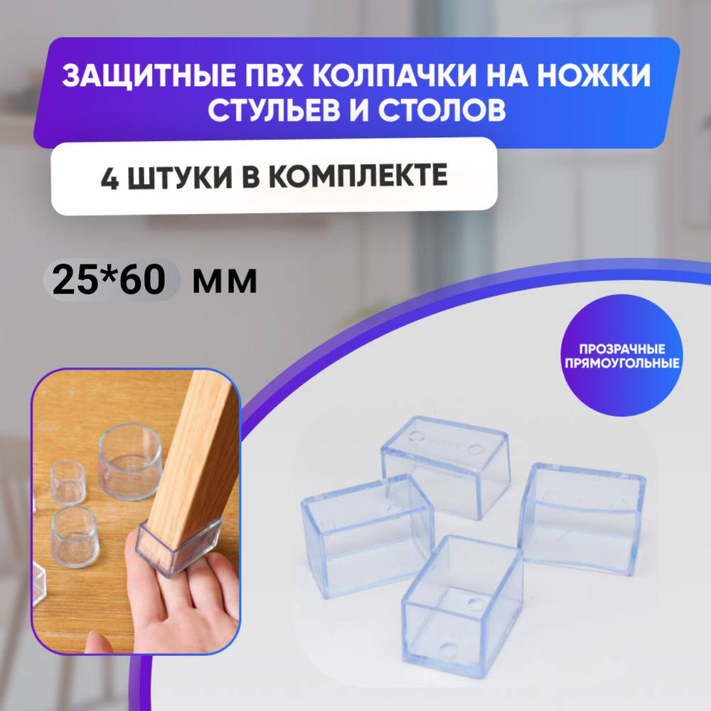 Защитные накладки - протекторы для мебели прямоугольные 25x60мм, 4шт., прозрачные/силиконовые колпачки #1