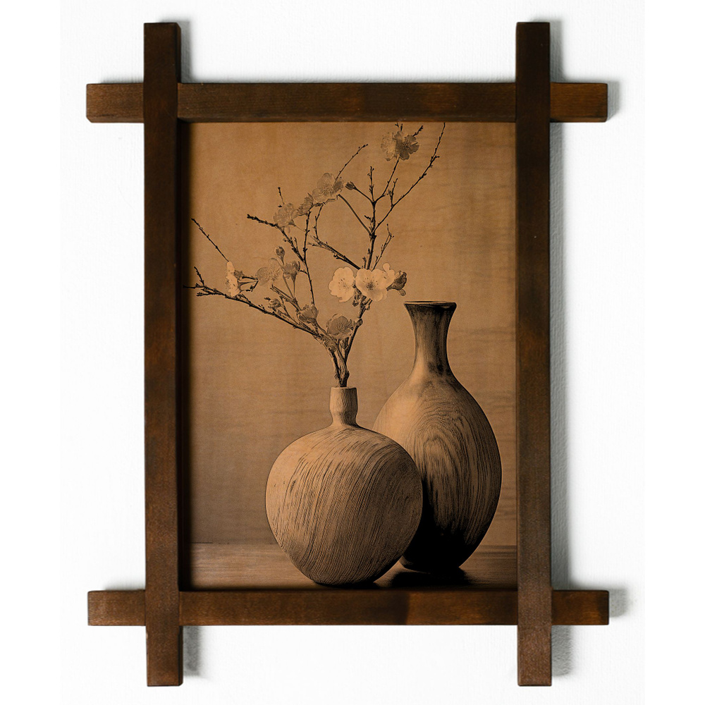 Картина "Деревянные вазы, натюрморт", гравировка на натуральной коже, интерьерная для украшения и декора #1