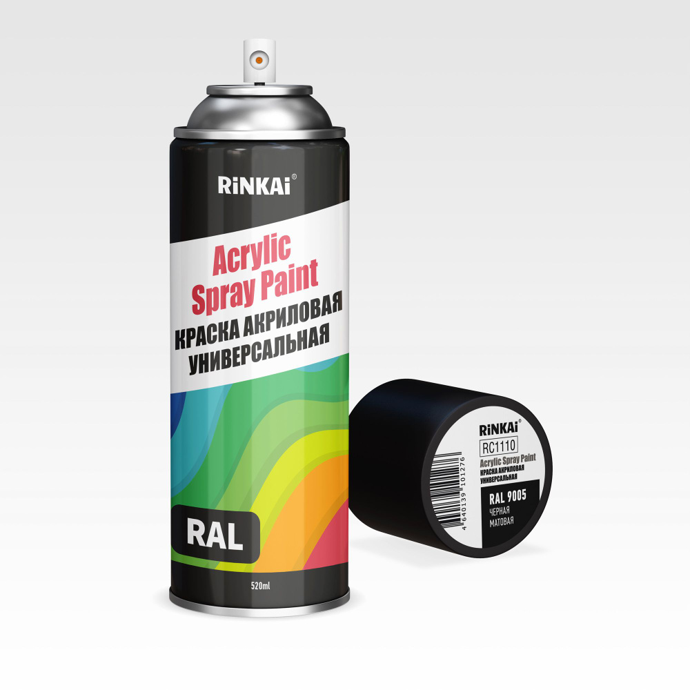 Краска аэрозольная Rinkai Acrylic Spray Paint, акриловая, многоцелевая, чёрная матовая, цветовой код #1